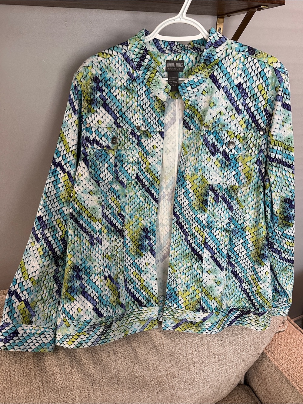 Chico's Multi-Color Printed Jean Jacket in Blue, Green & White